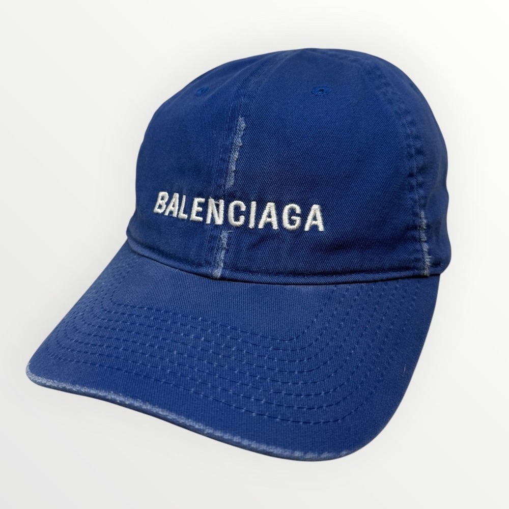 Balenciaga Logo Embroidered Distressed Baseball Cap Blue Cotton Made in Italy
